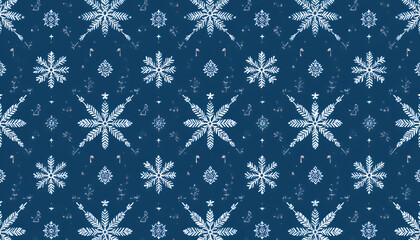 A seamless pattern of white snowflakes on a dark blue background, perfect for winter and holiday designs