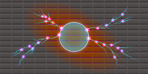 Abstract illustration of a DNA molecule model on a blue background with a medical heartbeat or pulse wave chart overlaying the technology and health data