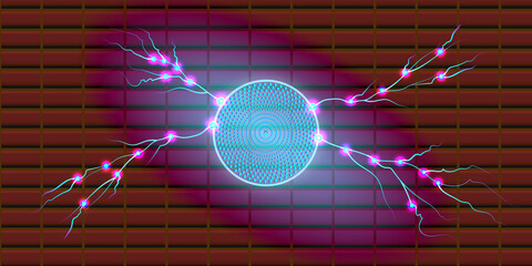 Abstract digital technology background shows a fiber optics wave with light spots depicting a medical heartbeat or EKG test chart for data and health science and business finance illustration