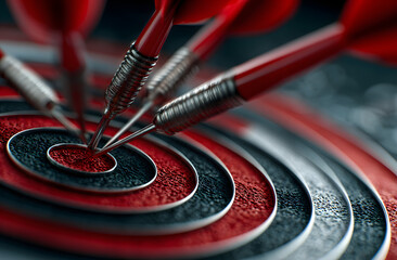 Dartboard bulls-eye with darts hitting the target in a business success concept illustration, financial business targeting planning to winner concept.