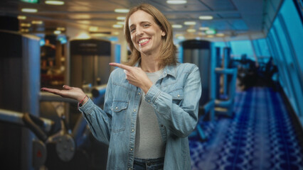 Fototapeta premium Woman in denim shirt smiling and pointing finger to left palm while presenting information at an airport terminal gate area; friendly welcome.