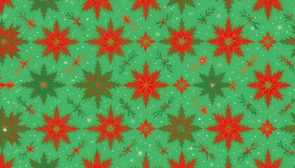 A vibrant and festive holiday pattern featuring red and green flowers on a green background
