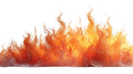 Dynamic and vibrant orange fire flames with wisps of smoke isolated on transparent background