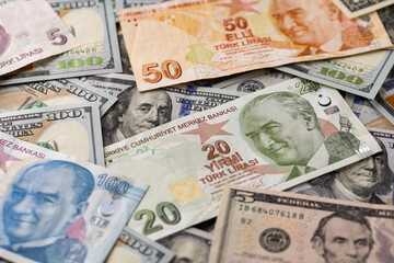 Obraz premium Title Turkish Lira and US Dollar Currency Mixture