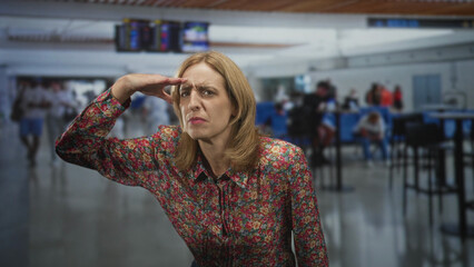 Fototapeta premium Woman shielding eyes with hand, squinting and peering across airport check in area at distant displays; curiosity focus.