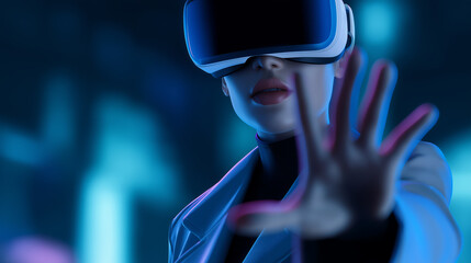 A woman wearing an illuminated futuristic VR headset raises her hand as she interacts with a virtual interface.
