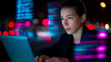 Focused individual works on a laptop surrounded by vibrant blue and red digital ambient lighting.
