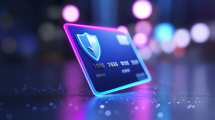 Credit card lying on sparkling glitter surface with vibrant blue-pink bokeh lighting.
