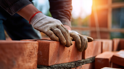 A construction worker wearing gloves carefully lays bricks to build a wall in warm sunlight.
