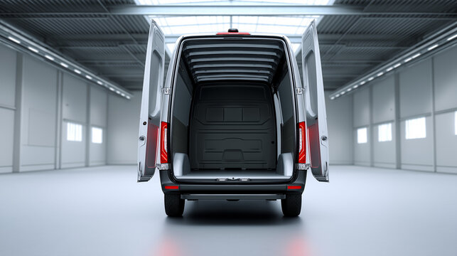 A modern cargo van stands in a spacious warehouse with its rear doors open, revealing an empty loading area.
