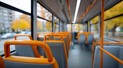 An empty city bus interior with orange handrails and rows of seats on a clear daytime route.
