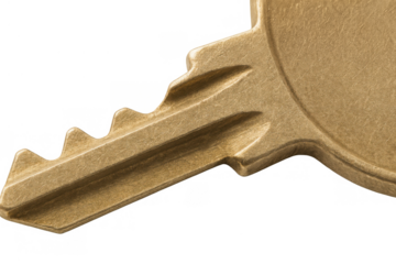 Close-up of a brass key for security access, unlocking solutions, and confidential information, transparent background