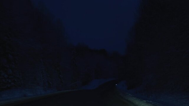 Dark Snowy Highway Through Pine Forest, Solo Driver Navigating Icy Bends Under Faint Moonlight, Snowbanked