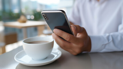 A person holds a smartphone while sitting in a café, with a cup of coffee on the table nearby.
