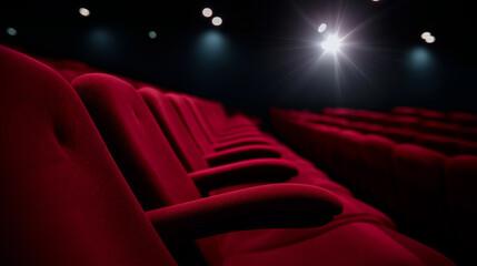 Fototapeta premium Rows of red cinema seats sit empty in a dark theater illuminated by a single bright projector light. 