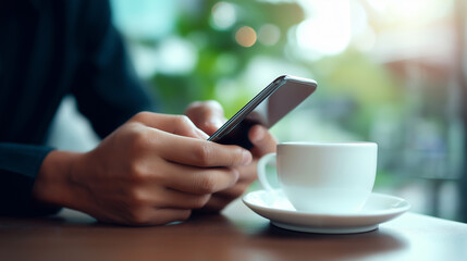 A person holds a smartphone while sitting in a café, with a cup of coffee on the table nearby.
