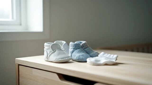 Adorable baby shoes, knitted booties, and socks on wooden surface by window