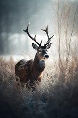 Winter wonderland Christmas landscape &ndash; snow, forest and soft winter light deer in the woods