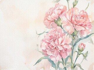 Watercolor painting of carnation on a white aquarelle paper background with empty copy space