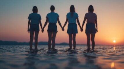 Summer happy children, Four friends stand hand in hand at sunset, silhouetted against a tranquil ocean, creating a serene and nostalgic atmosphere.