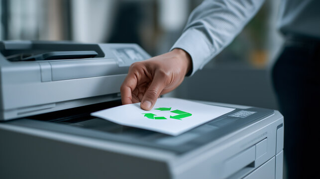 A person inserts a paper with a green recycling symbol into an office printer or copier.
- Powered by Adobe
