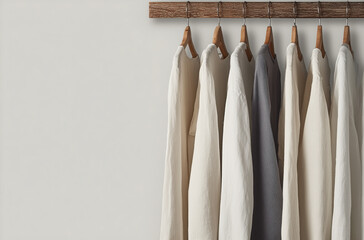 Linen shirts on hangers with copy space using Pantone color of the year cloud dancer