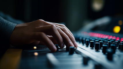 Fototapeta premium A sound technician fine-tunes audio levels on a professional mixing console in a dim studio environment. 