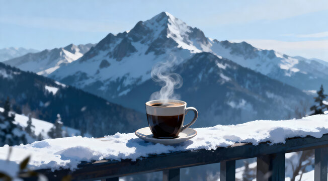 Coffee Cup with Steam on Snowy Ledge Against Blue-Gray Mountain Range - Powered by Adobe