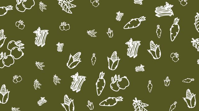 Floral pattern with apples, corn, carrots and leafy vegetables. Great for packaging design, kitchen decor, or agricultural marketing materials.