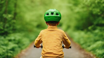Summer happy children, A child rides a bicycle along a serene, green path, wearing a bright helmet, surrounded by lush foliage.