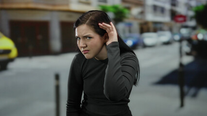 Fototapeta premium Woman on street makes listening gesture with hand to ear, displaying curiosity and engagement while surrounded by urban setting with cars visible in background.