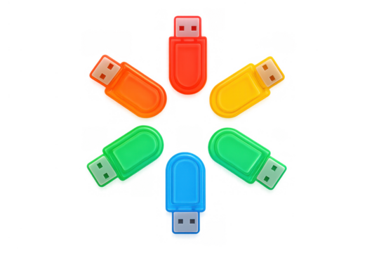 Colorful usb flash drives forming a circle, representing data sharing, memory, digital communication, and secure storage on transparent background - Powered by Adobe