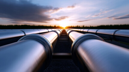 Fototapeta premium Long metal pipelines stretch into the distance under a dramatic sunset sky, symbolizing energy transport and infrastructure. 