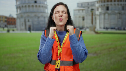 Woman smiling in volunteer vest near pisa tower, italy, embodying joy against iconic background.