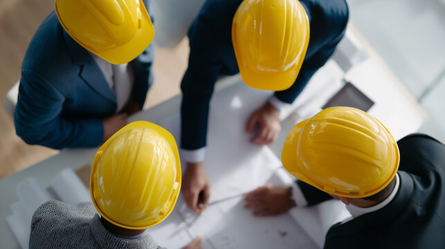 A team of engineers wearing yellow hard hats reviews architectural plans together from an overhead view.