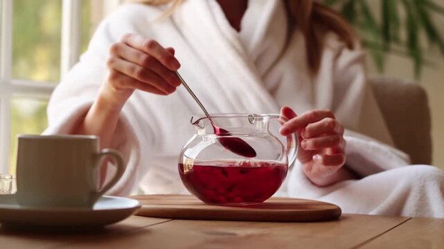 A relaxed person prepares tea in a peaceful indoor setting. A person in a cozy bathrobe stirs a glass teapot filled with red tea. Next to it is a teacup and a wooden serving tray Stock Video