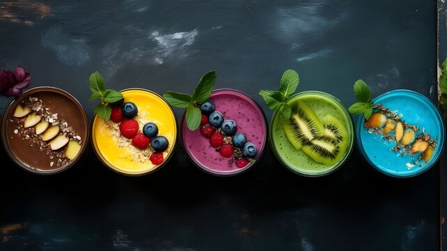 Colorful smoothie bowls with fresh fruit toppings healthy breakfast options vibrant and nutritious food photography