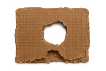 Torn brown cardboard piece with a ripped hole, offering space for text or design, on transparent background