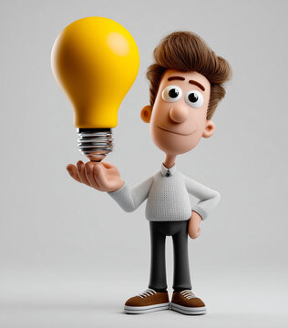 Caricatura fumetto con in mano una lampadina. Avere un'idea.