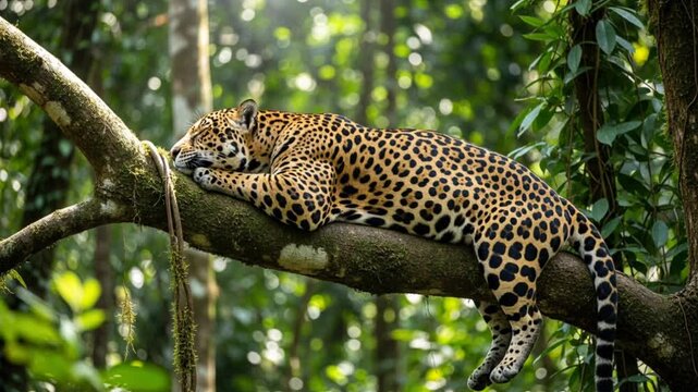 Jaguar resting on a thick mossy branch in a lush green jungle