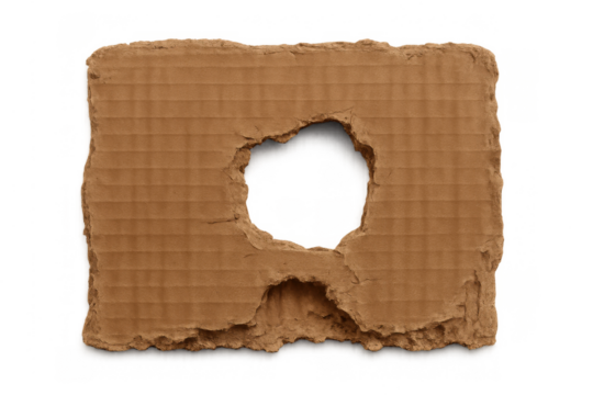 Torn brown cardboard piece with a ripped hole, offering space for text or design, on transparent background - Powered by Adobe