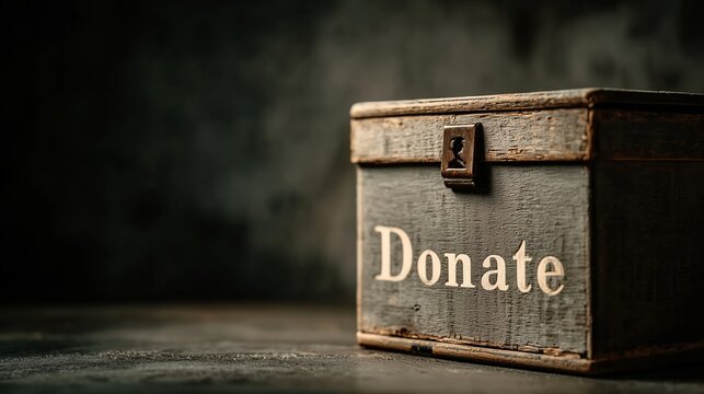 Wooden donation box placed on dark surface inviting contributions for a cause