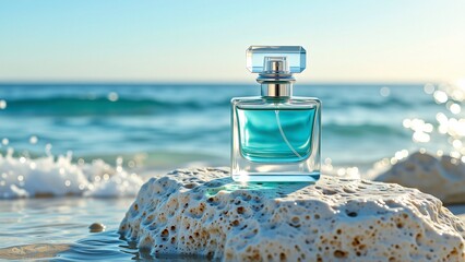 bottle perfume sitting top rock beach bottle clear glass has silver cap background beautiful blue ocean waves crashing onto shore sky clear sun shining brightly creating warm glow scene overall mood