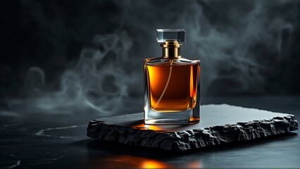 close perfume bottle black stone surface bottle glass has gold colored cap liquid inside bottle golden brown color appears liquid perfume background dark moody hint smoke fog overall mood mysterious