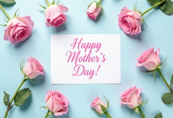 Happy mother's day card with pink roses on light blue background