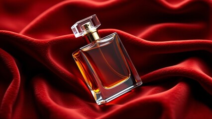 close perfume bottle lying red satin fabric bottle clear glass has gold colored cap liquid inside bottle golden brown color appears liquid perfume background deep red color fabric draped way creates