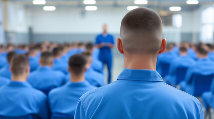 Uniformed trainees attend a classroom session led by an instructor in a professional training environment.
