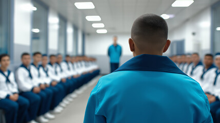 Uniformed trainees attend a classroom session led by an instructor in a professional training environment.
