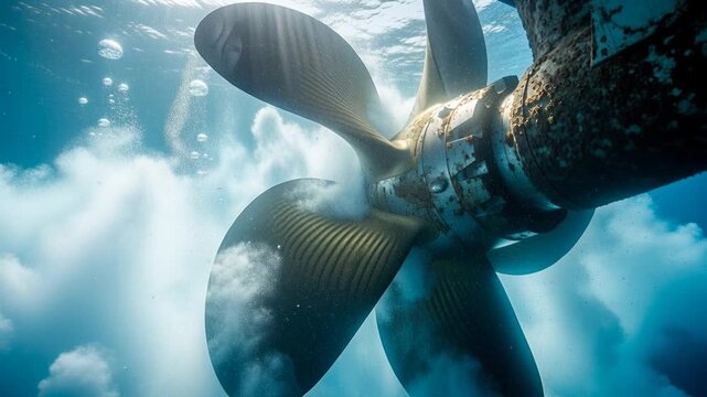 Underwater view of a large ship propeller turning beneath the surface