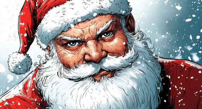 Close-up of a smiling Santa Claus (Father Christmas) in a red hat and white beard in comic book style, against a backdrop of snowfall. Christmas and New Year greeting.